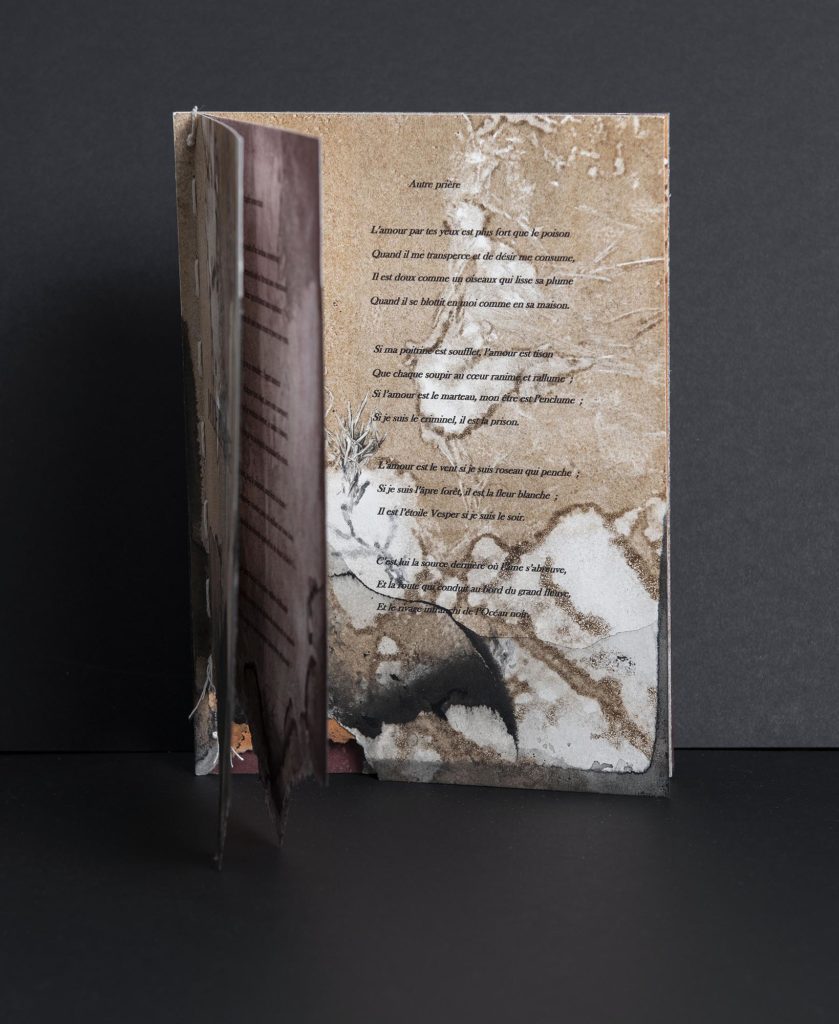 Livre unique, achevé d’imprimer en décembre 2020, sur quelques sonnets de Michel-Ange, sur papier  Canson 300g avec des lavis sur fond monotype